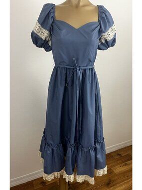 Vintage JC Penney Peasant Prairie Dress Puff Sleeves Lace Trim Midi Length 7/8
